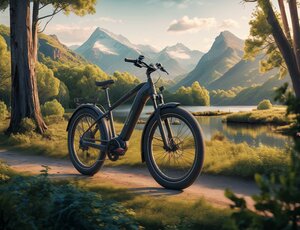 Bicicleta de montaña eléctrica lista para la aventura en el bosque