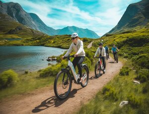 Bicicleta de montaña eléctrica en el sendero de un bosque con un lago al fondo