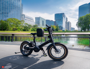 Bicicleta eléctrica plegable de ruedas gordas color negra frente a un estanque